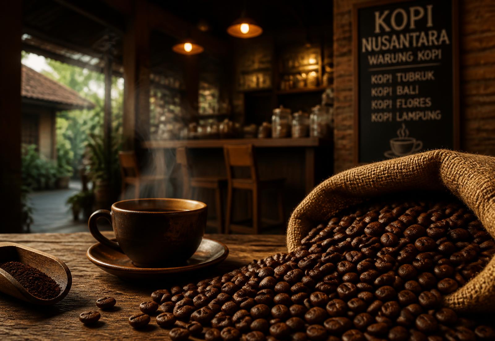 Biji kopi sangrai dan suasana hangat kedai Kopi Nusantara